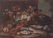Still life of a basket of flowers,fruit,lobster,fish and a cat,all upon a stone ledge unknow artist